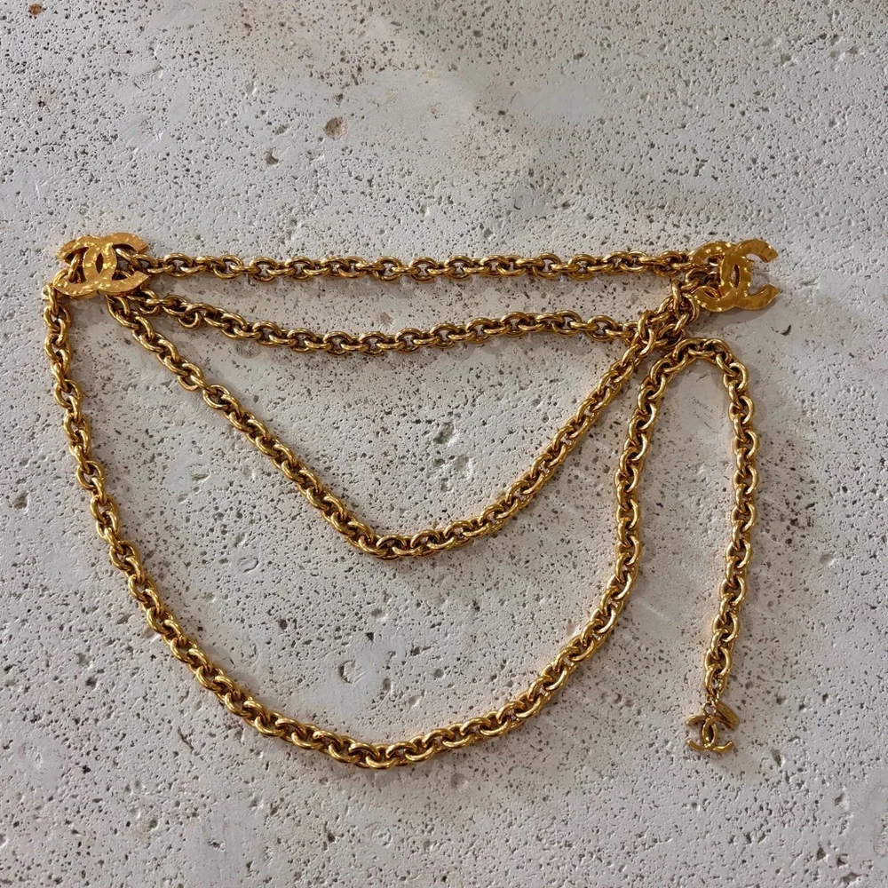 Authentic CHANEL gold plated CC triple chain hanging belt vintage 80cm
